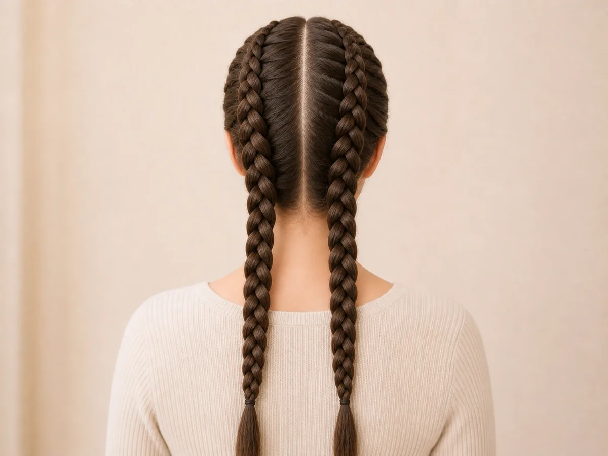 Resultado simétrico de dos trenzas de raíz feed-in con aumento gradual de grosor
