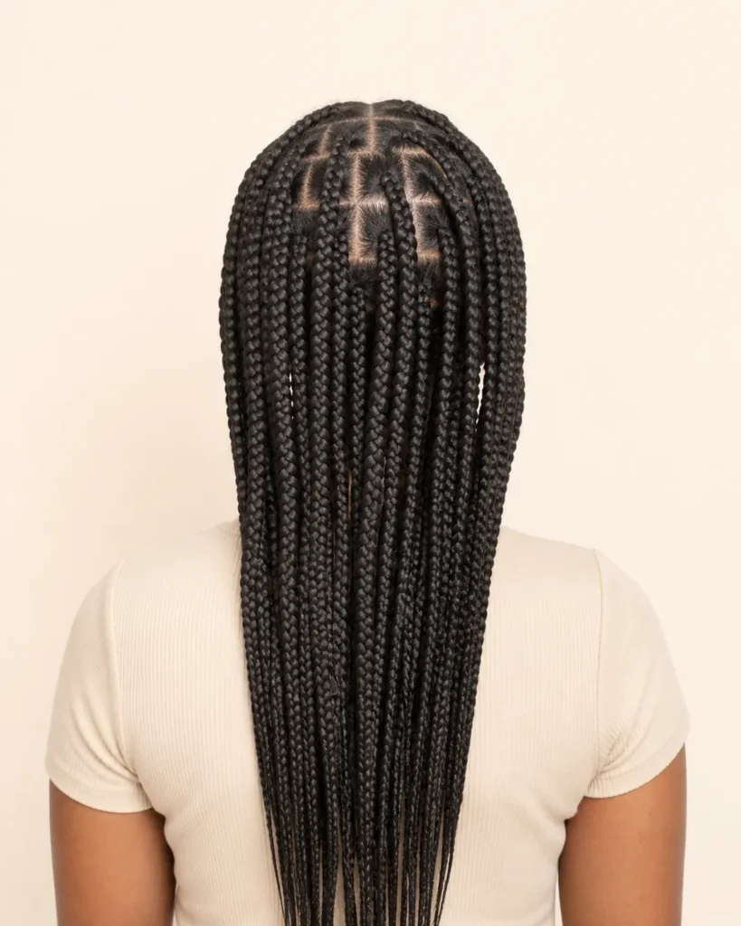 Box braids medianas vistas desde atrás, con crecimiento natural visible en las raíces.