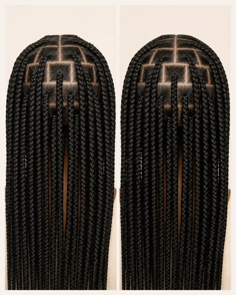 Dos vistas traseras comparan box braids medianas con una base más marcada y knotless box braids con una raíz más plana.