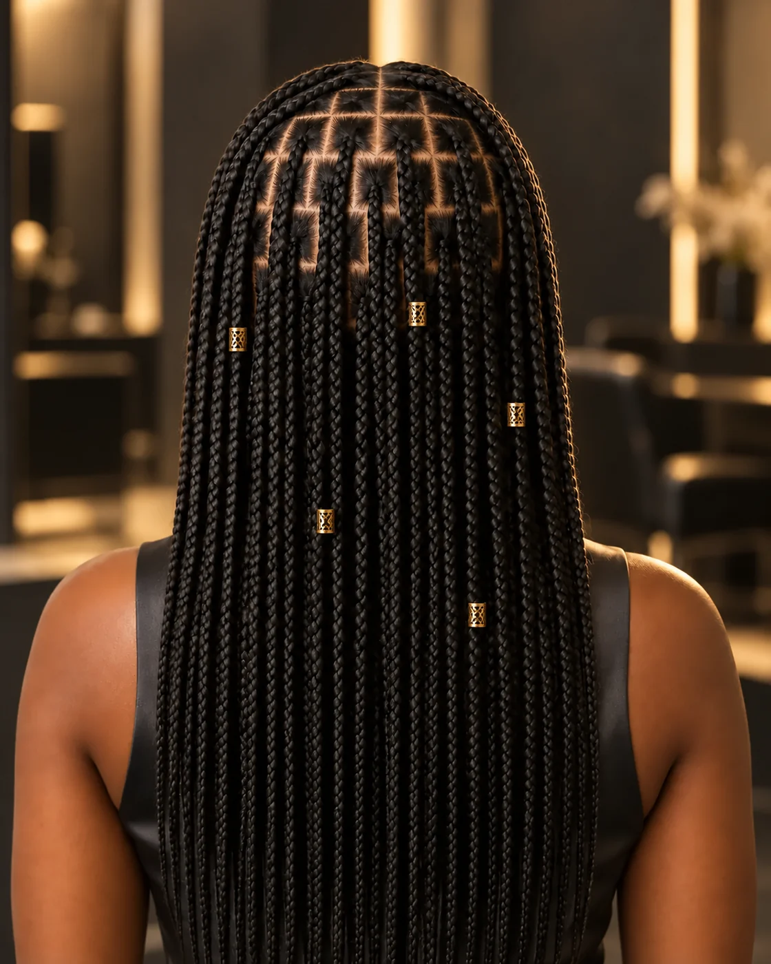 El mismo peinado de box braids con peque&ntilde;os aros dorados a distintas alturas.