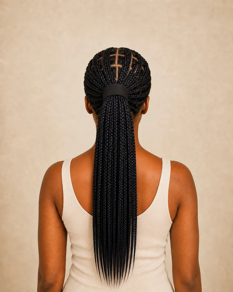 R&uuml;ckansicht eines Models mit Box Braids in einem hohen Pferdeschwanz.