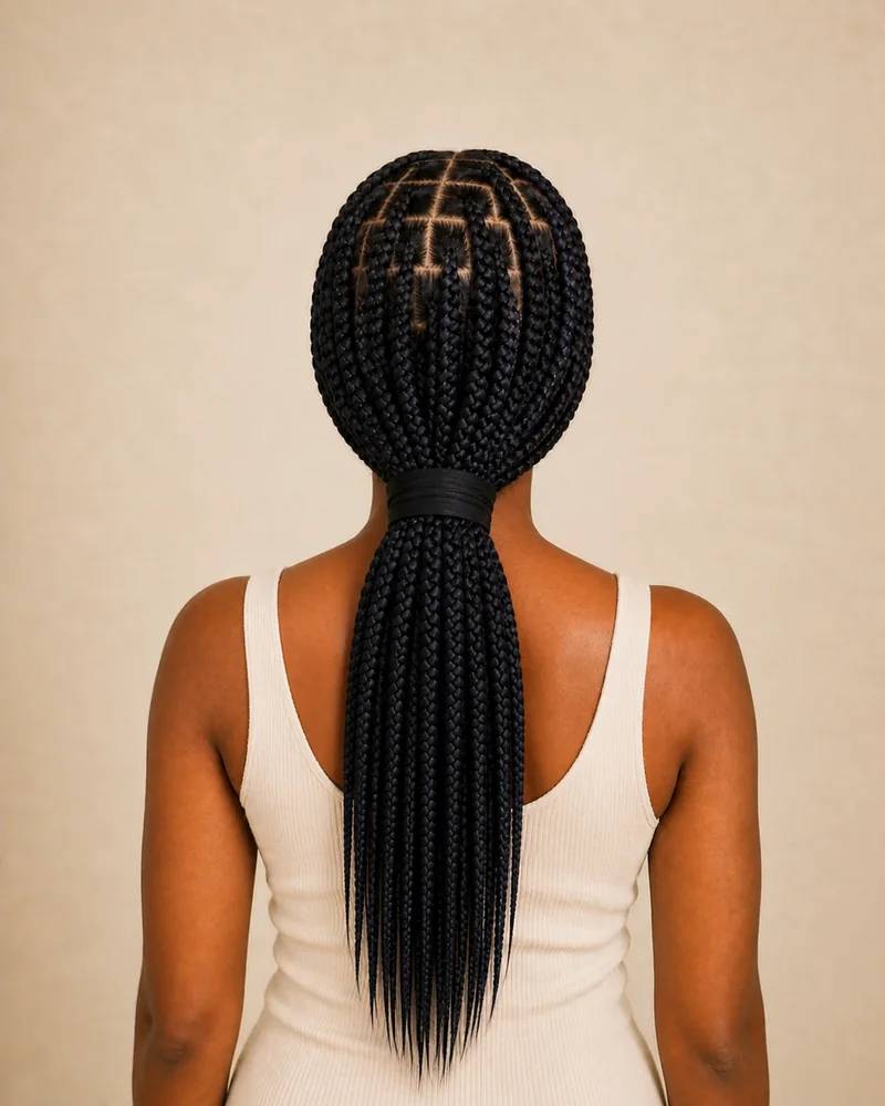 Box Braids, die locker zu einem tiefen Pferdeschwanz im Nacken gebunden sind.