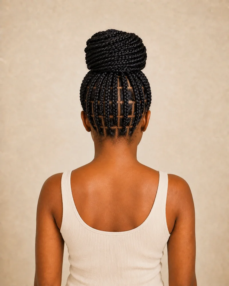 Breiter hoher Dutt aus Box Braids.
