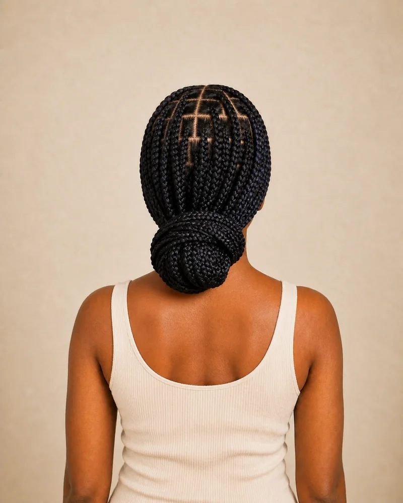 Lockerer tiefer Dutt aus Box Braids im Nacken.