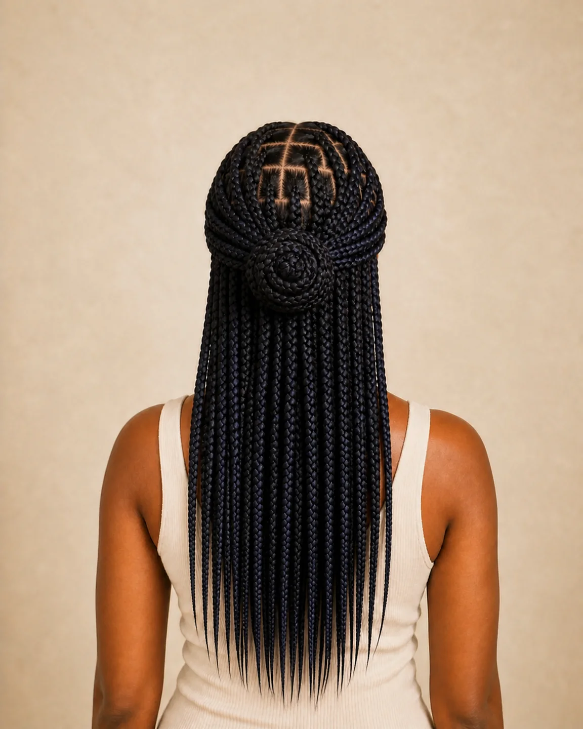 Locker halboffen gestylte Box Braids; die &uuml;brigen Z&ouml;pfe fallen frei herunter.