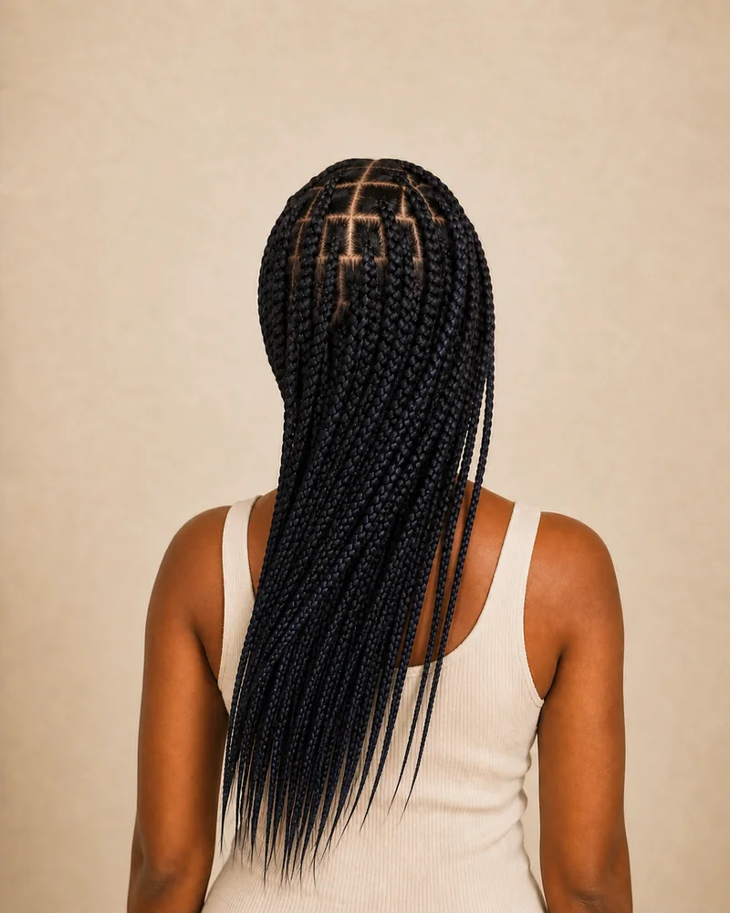 Lange Box Braids, offen getragen und sanft zu einer Seite gelegt.