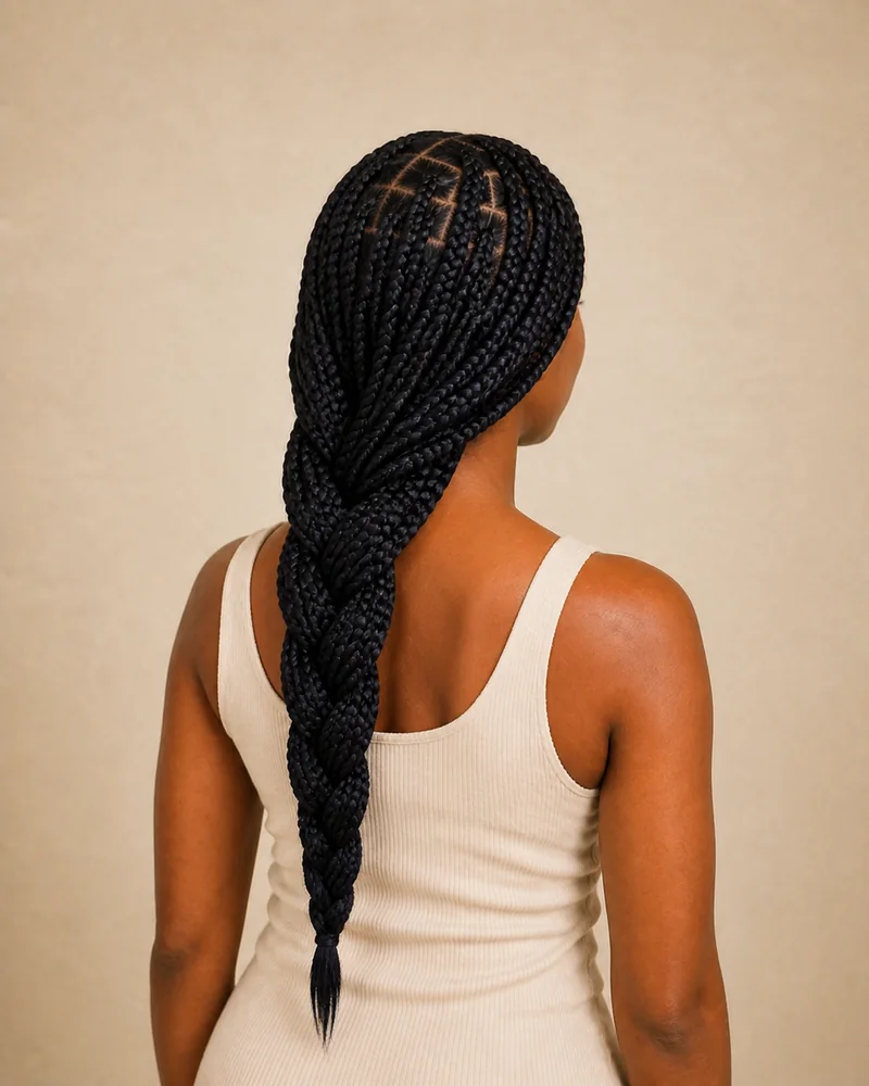 Box Braids, die zu einem dicken Zopf &uuml;ber einer Schulter verflochten sind.
