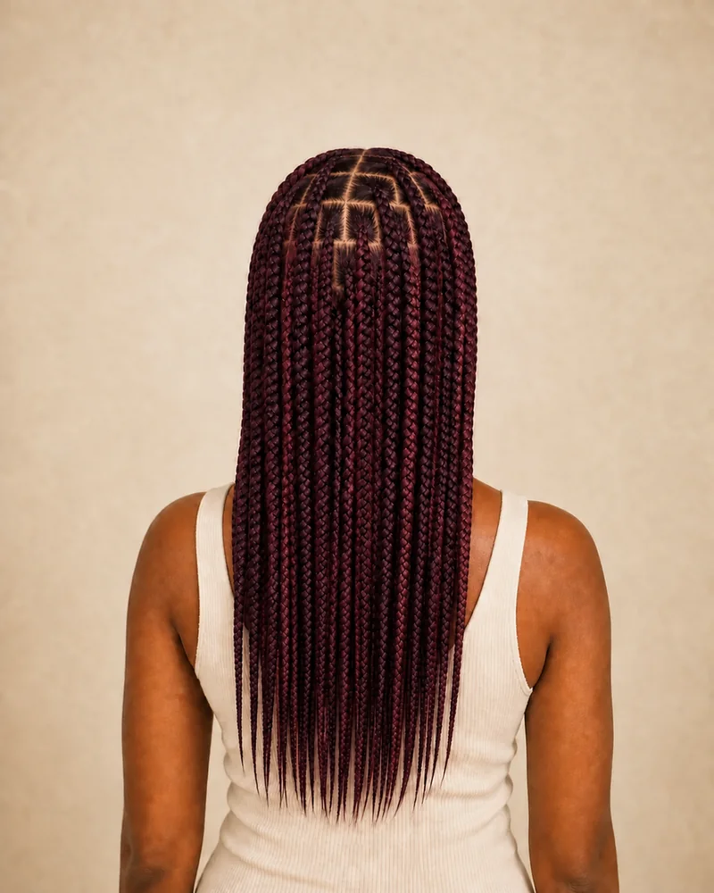 Box Braids in einer tiefen Mischung aus Burgunderrot und Pflaume.