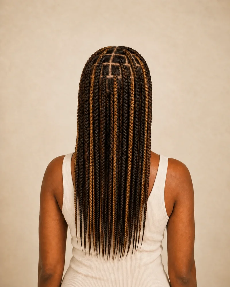 Dunkelbraune Box Braids mit eingestreuten honigfarbenen Zöpfen als helle Akzente.