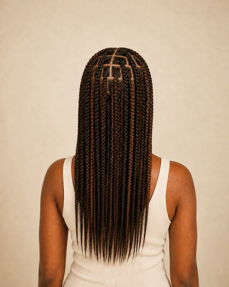 Mitteldicke Box Braids mit schokoladenbraunen und haselnussbraunen Strähnen, die über die ganze Frisur verteilt sind.