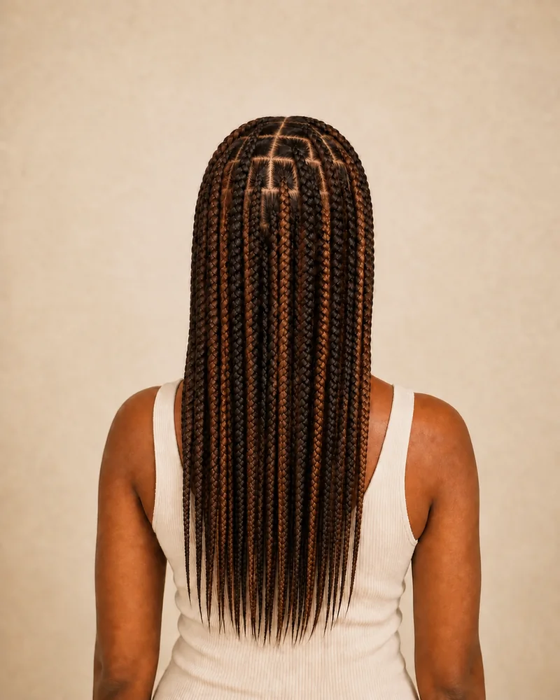 Box Braids mit schokoladenbrauner Grundfarbe und kupferfarbenen Zöpfen.