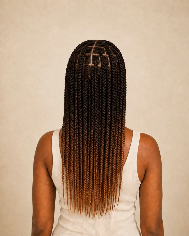 Box Braids mit dunklem Ansatz und warmem Farbverlauf zu karamellfarbenen Spitzen.