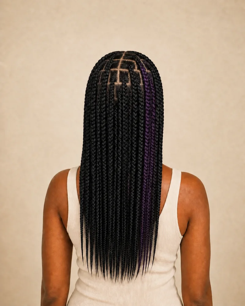 Schwarze Box Braids mit einer Gruppe violetter Zöpfe auf einer Seite.
