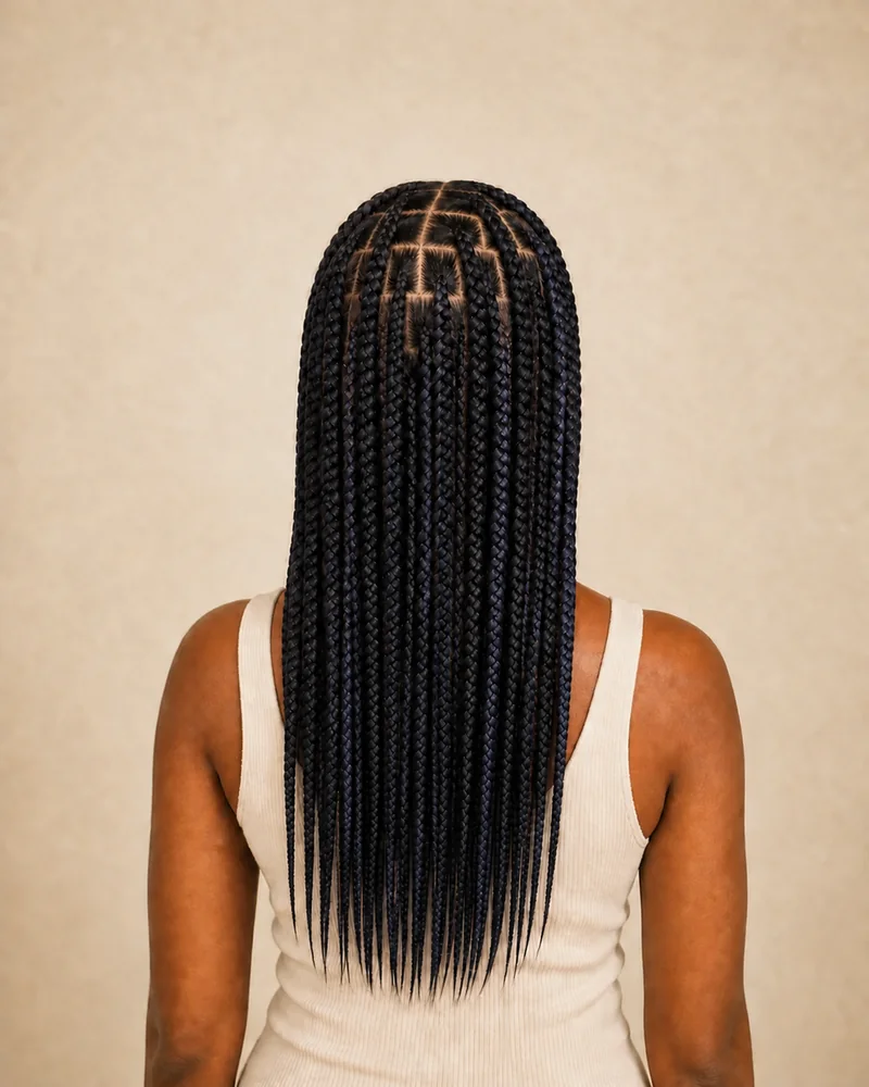 Mitteldicke Box Braids in einer Kombination aus Naturschwarz und Tiefschwarz.