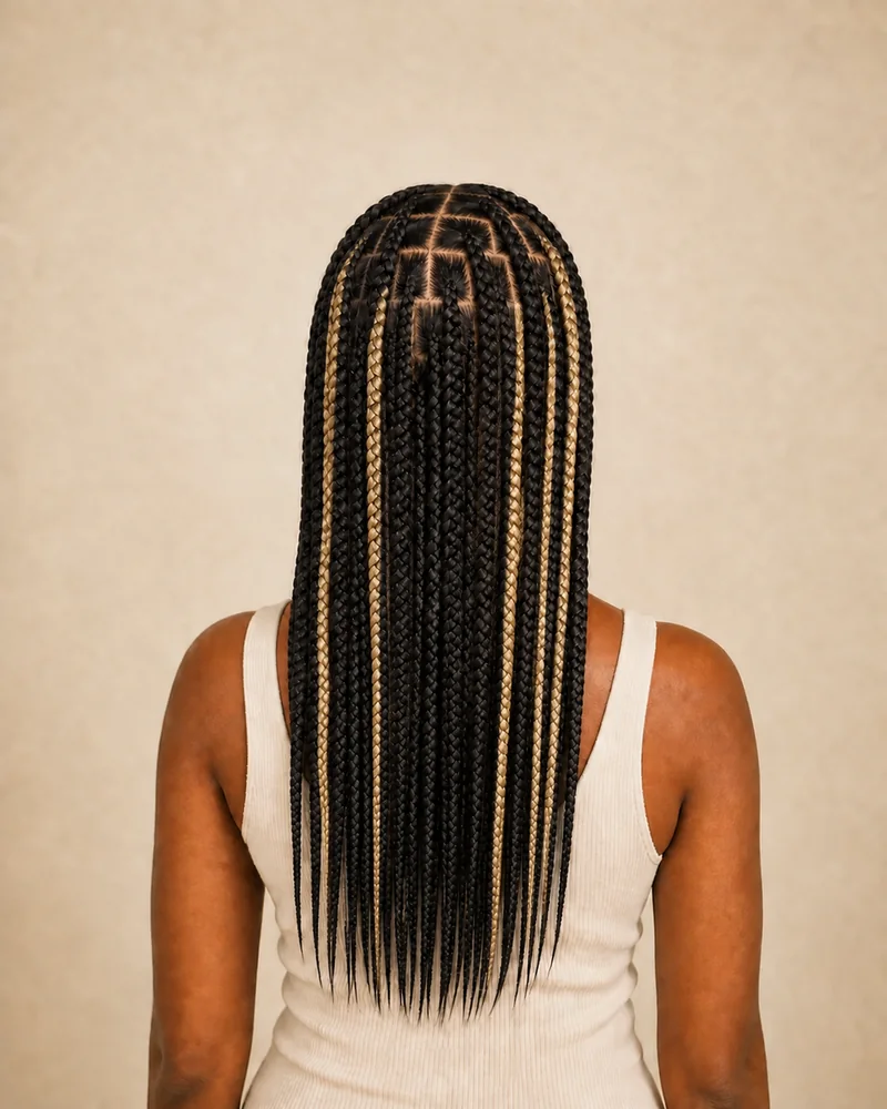 Schwarze Box Braids mit mehreren beigeblonden Zöpfen, die einen deutlichen Kontrast setzen.
