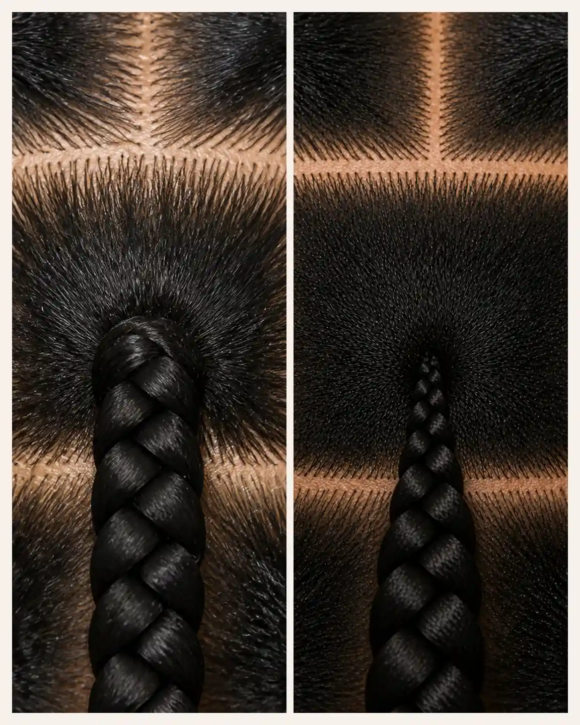 Zwei Nahaufnahmen vergleichen den kompakten Ansatz traditioneller Box Braids mit dem feinen, allm&auml;hlich dicker werdenden Ansatz einer Knotless Braid.